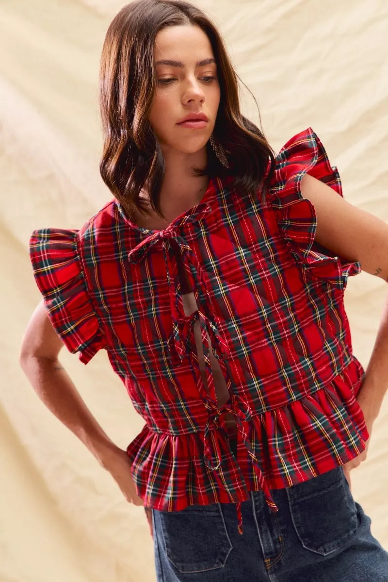 SO ME Christmas Holiday Plaid Ruffled Quilt Vest Top
