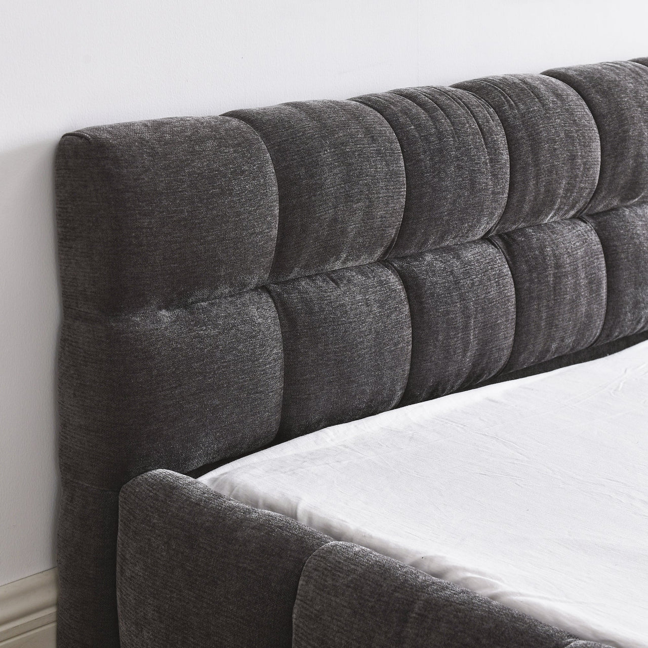 Modern Queen Size Platform Bed Frame with Thick Chenille Fabric in Dark Grey, Upholstered with Headboard