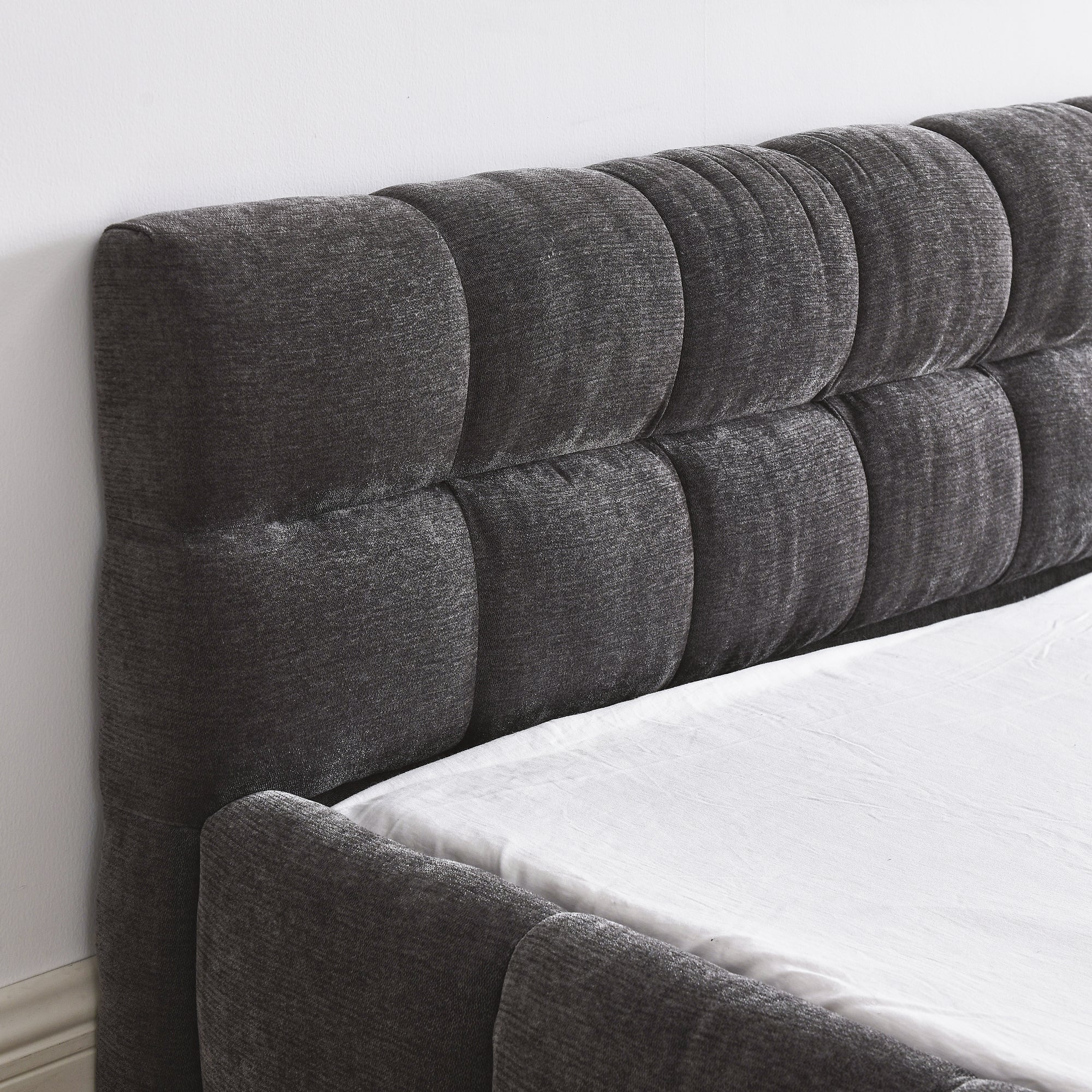 Modern Queen Size Platform Bed Frame with Thick Chenille Fabric in Dark Grey, Upholstered with Headboard