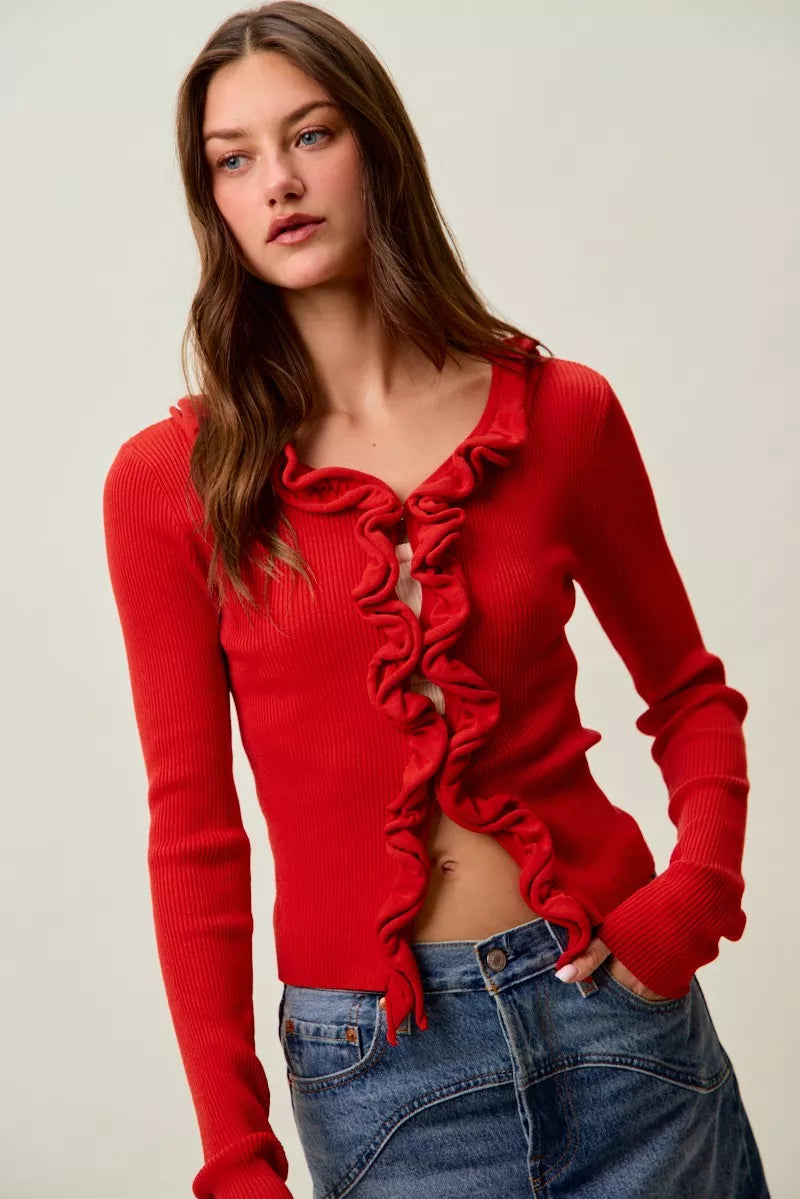 SO ME Cascade Ruffle Ribbed Sweater Cardgian
