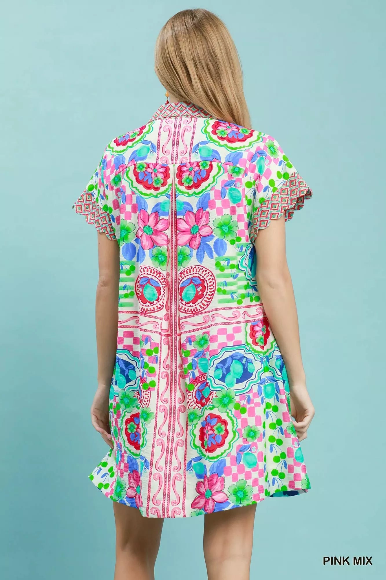 Umgee Mediterranean Print Dress with Contrast Printed Trim