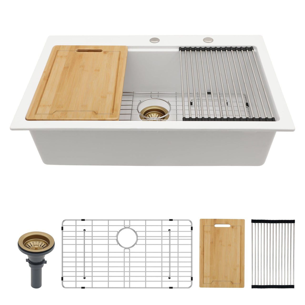 33 x 22 Inches White Granite Composite Quartz Kitchen Sink with Workstation Features and Drop-In Design