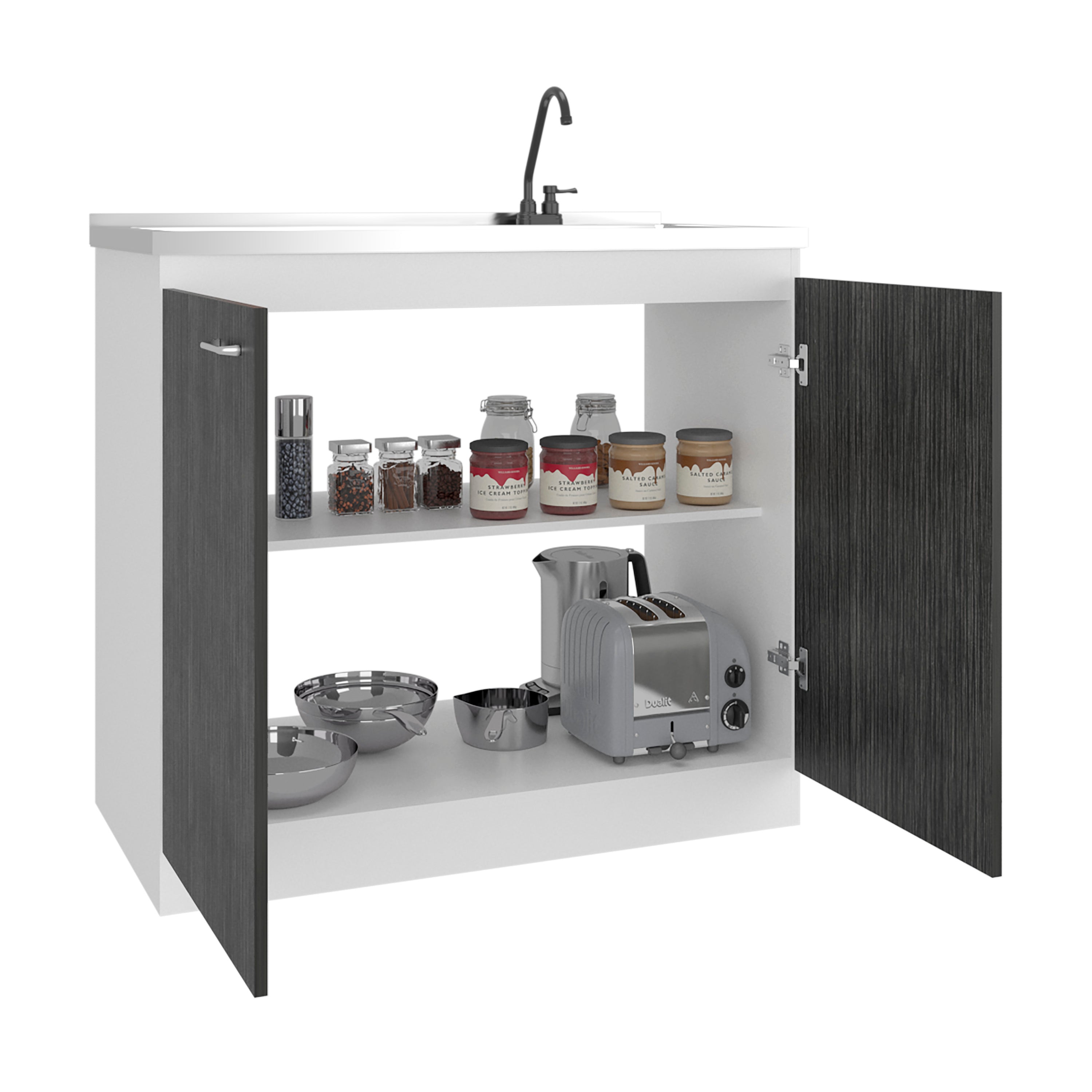 Napoles Utility Sink with Faucet Inclued and Integrated Stainless Steel Counter top, Freestanding cabinet with two doors, Metal Handles and Two interior shelves, Gray+White