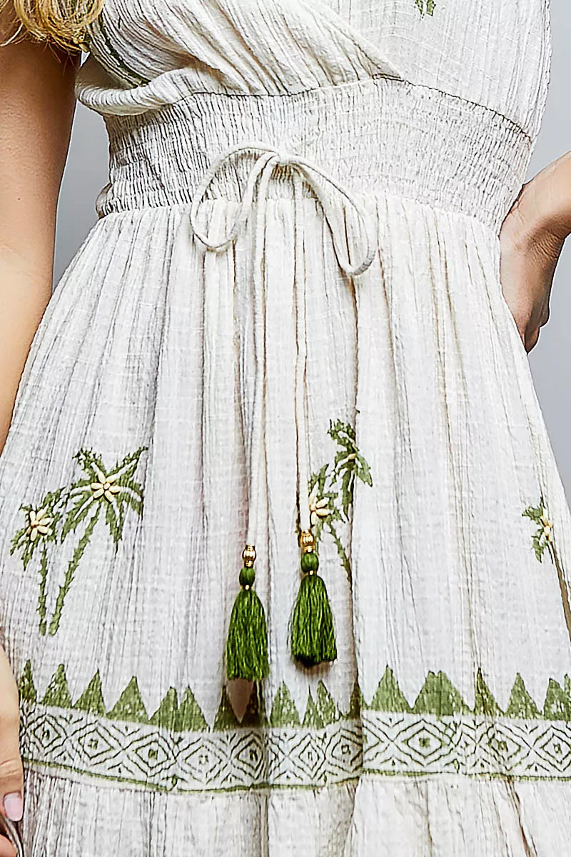 POL Palm Tree Print Wrap Bodice Smocked Waist Ruffle Hem Dress