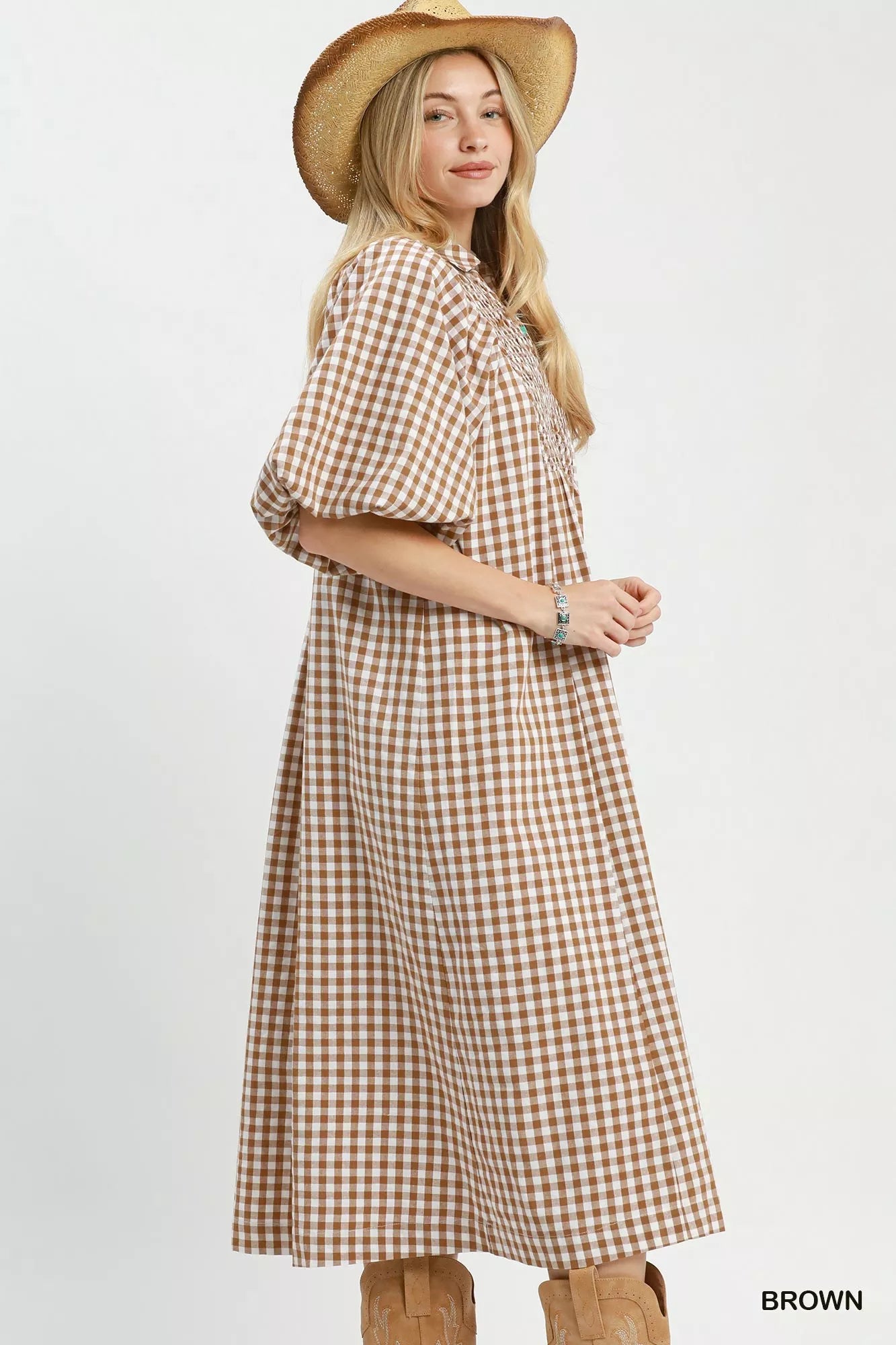 Umgee Puff Sleeve Plaid Midi Dress