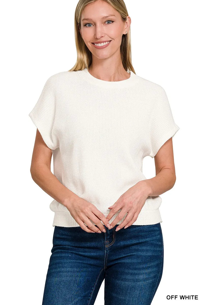 Zenana Round Neck Banded Botton Short Sleeve Sweater