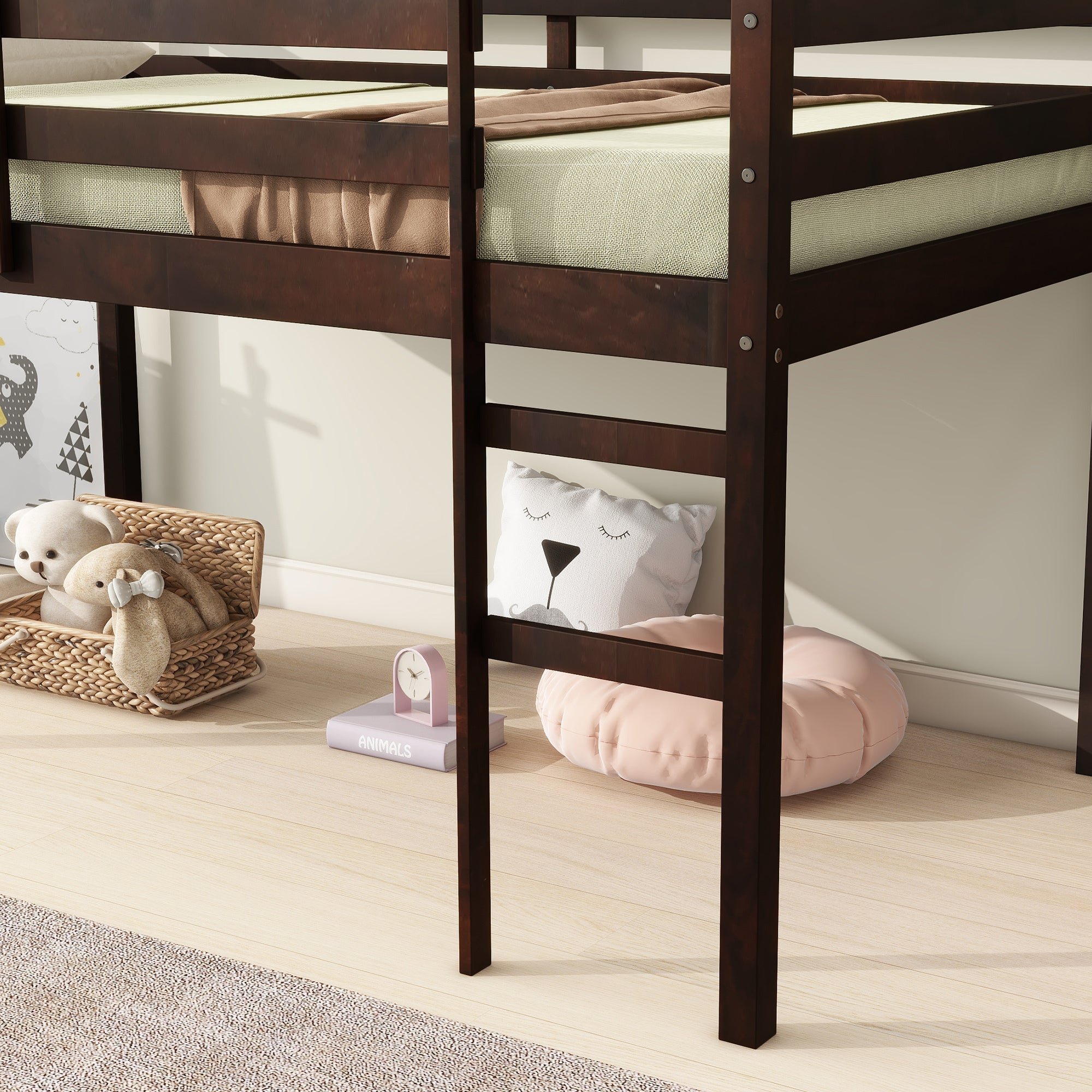 Solid Wooden, Rubber Wooden Twin Loft Bed with Ladder, Bed Platform of Strengthened Slats , Espresso