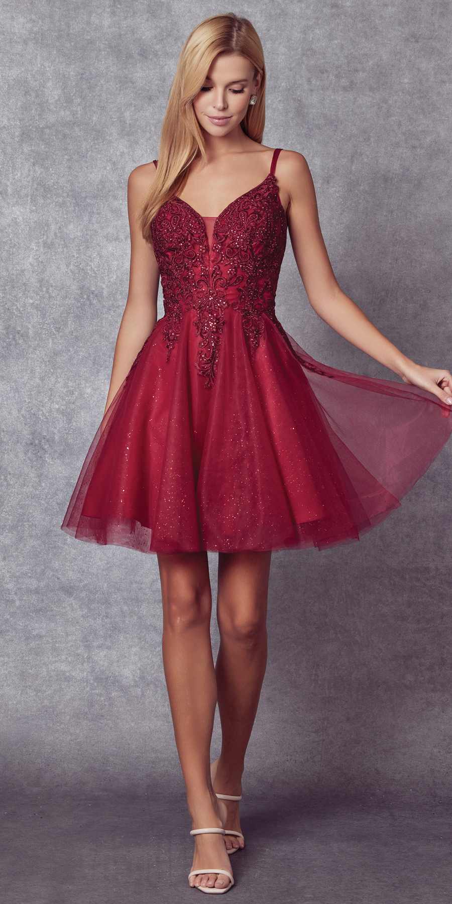 Juliet 857 Embroidered Top Short A-line Glitter Dress