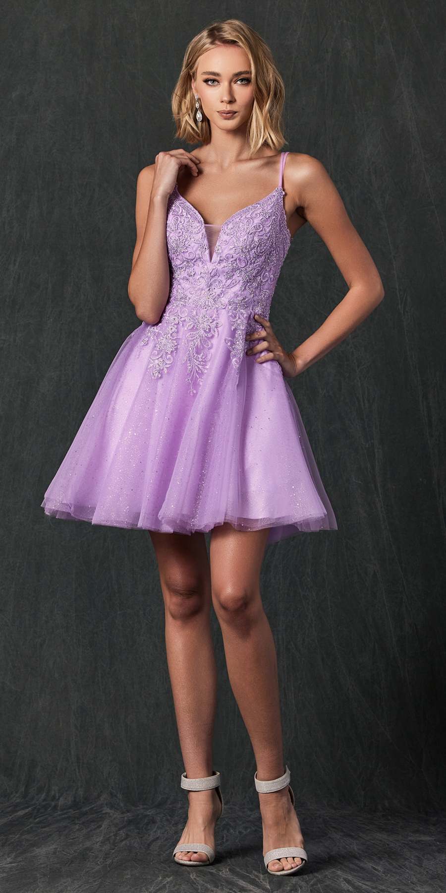 Juliet 857 Embroidered Top Short A-line Glitter Dress