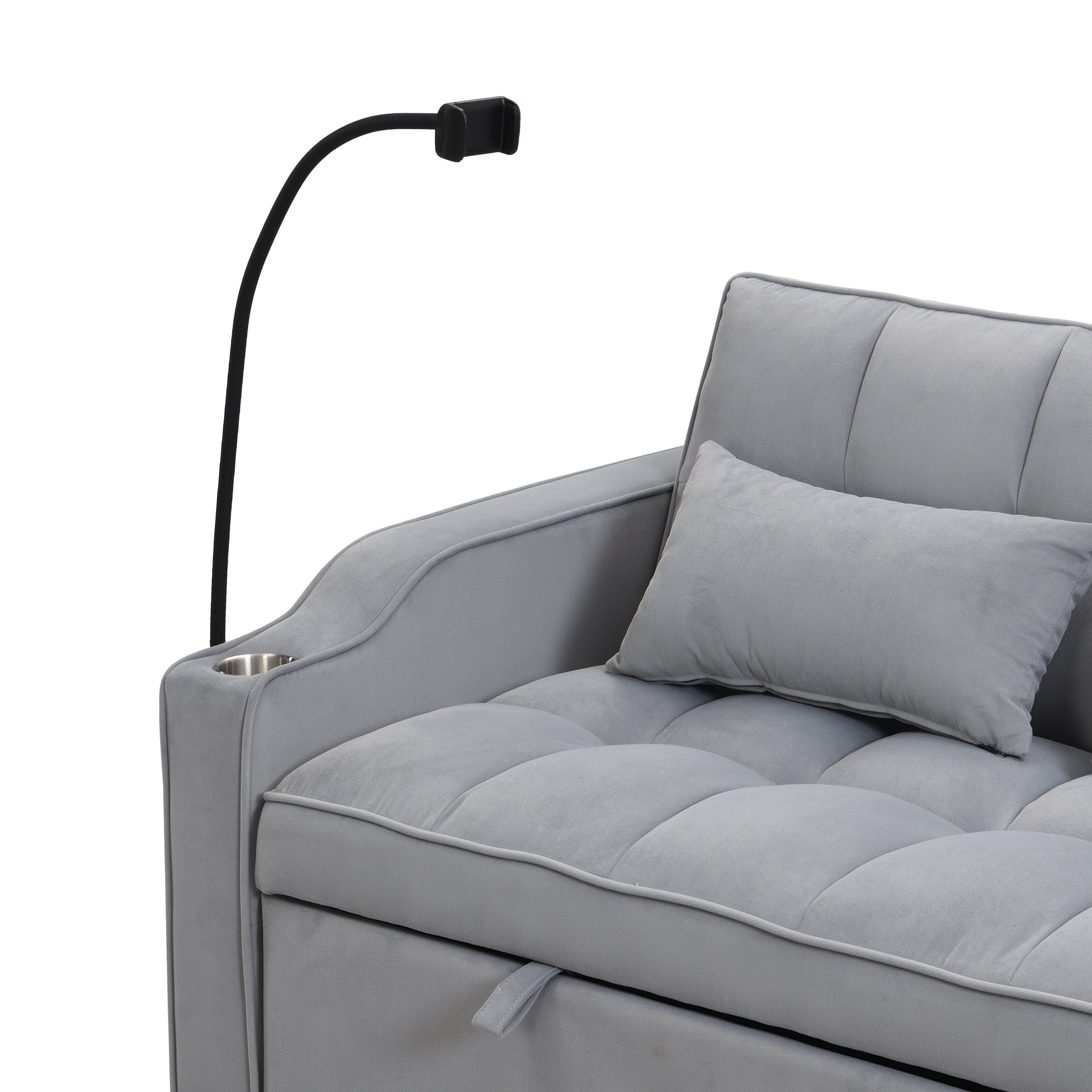 Modern Velvet Loveseat Futon Sofa Couch with Pullout Bed, Adjustable Backrest, Toss Pillows, Light Gray