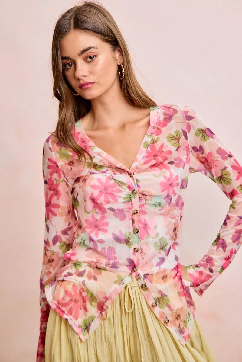 BiBi Floral Shrried Detail Button Up Mesh Cardigan Top