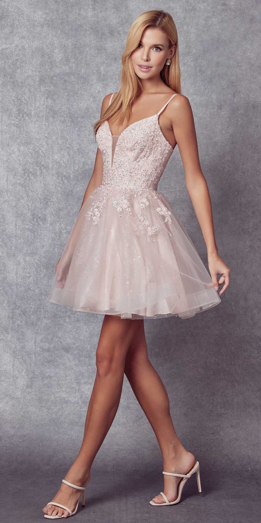 Juliet 859 Short Floral Applique Glitter Tulle A-Line Dress