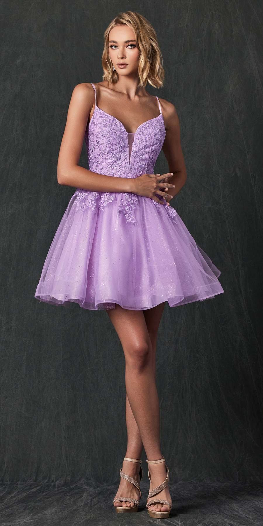 Juliet 859 Short Floral Applique Glitter Tulle A-Line Dress