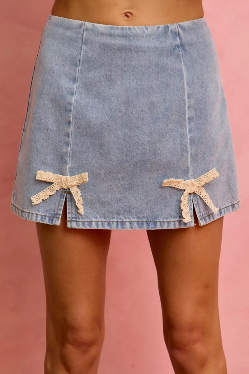 SO ME Lace Ribbon Trim Denim Mini Skirt