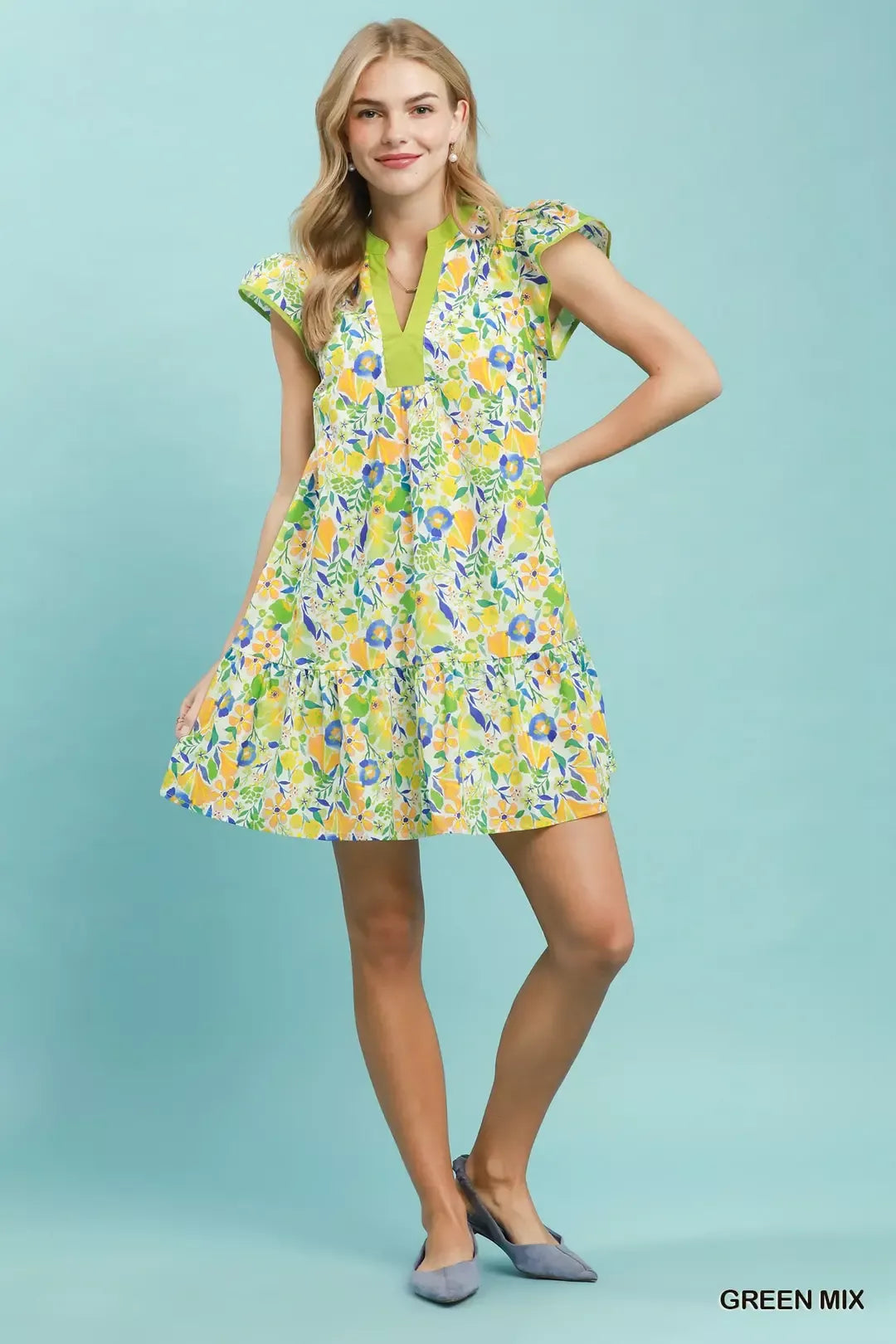 Umgee Floral Flutter Sleeve Tiered Mini Dress