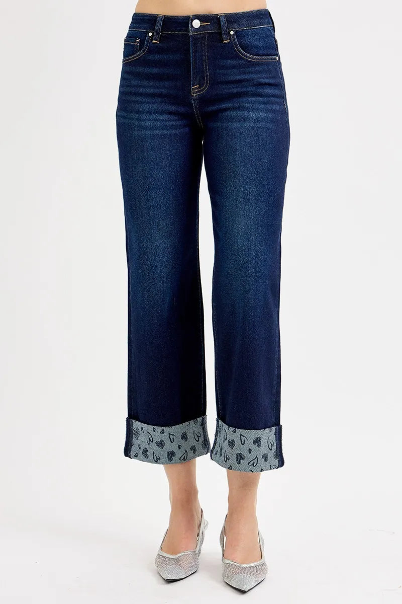 RISEN Full Size Mid Rise Fit Crop Wide With Printed Cuff Jeans Plus Size