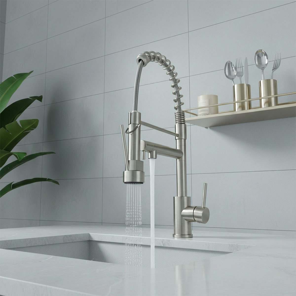 Kitchen Faucet with Pull Down Sprayer, Touch On Single Handle 2- Function Stainless Steel Spring Neck, Single Hole Installation for Residential, Commercial, RV, Bar & More, Brushed Nickel