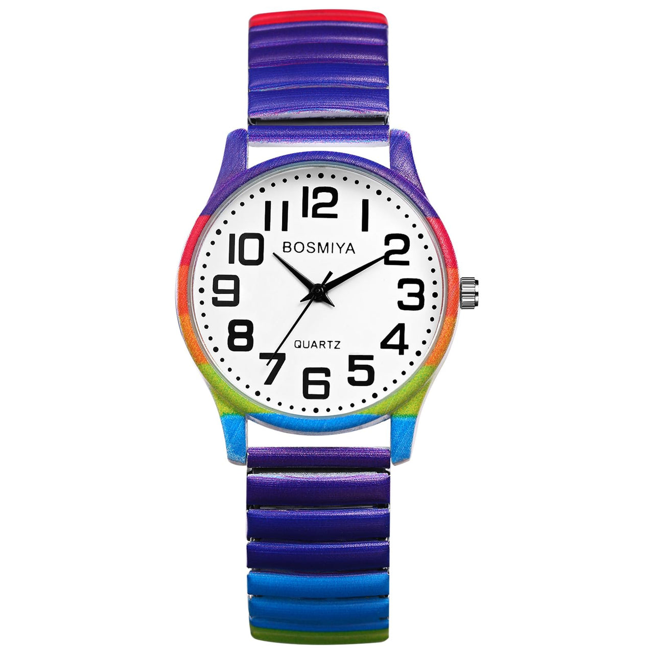 Lancardo Women Stretch Band Watch: Rainbow Color Elastic Analog Quartz Big Number White Dial Wristwatch Easy to Read Birthday Christmas