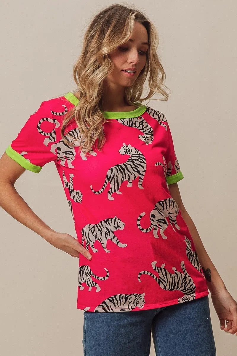 BiBi Big Tiger Print Jersey Contrast Ringer Top