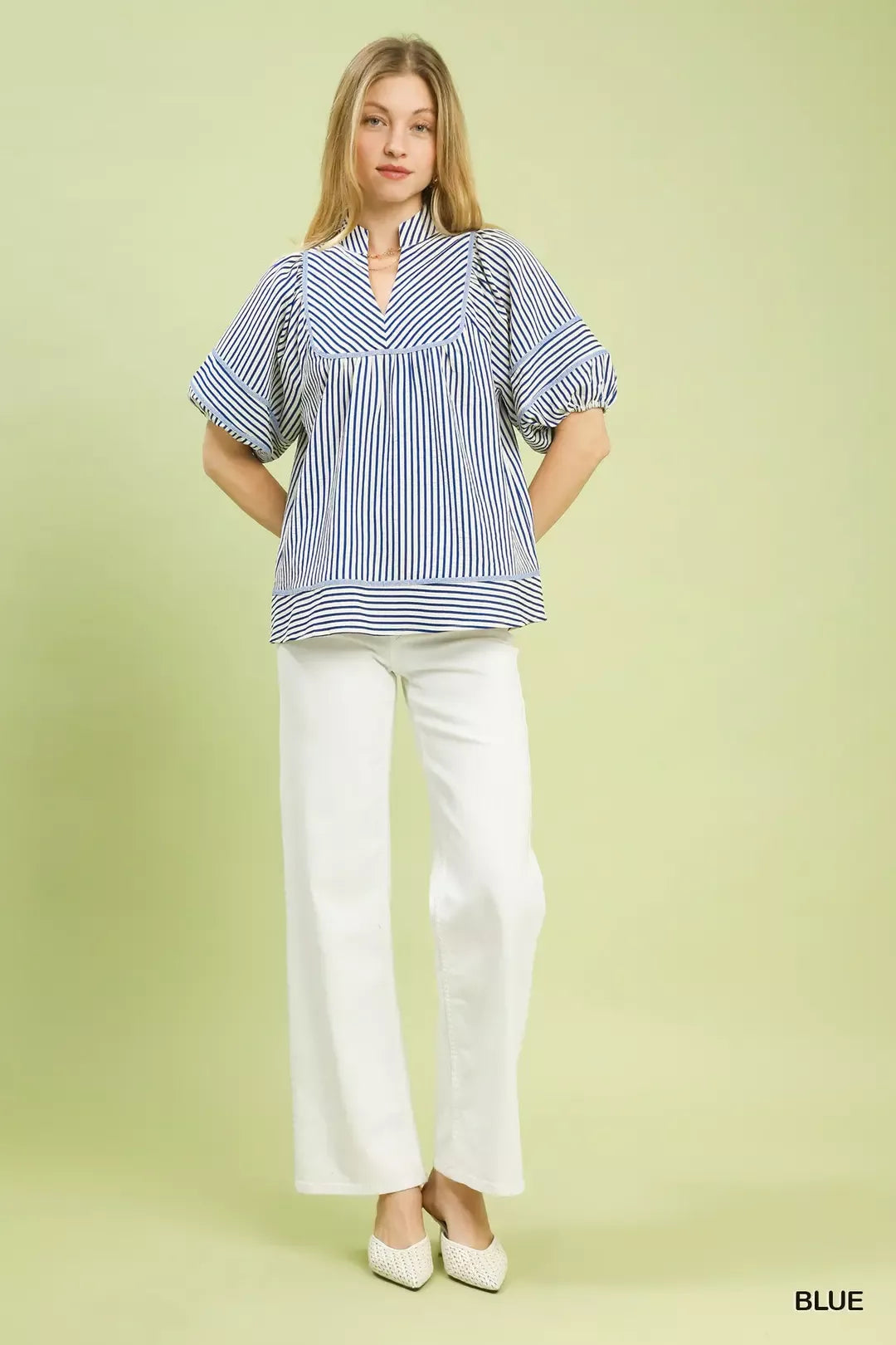 Umgee Striped Puff Sleeve Babydoll Top