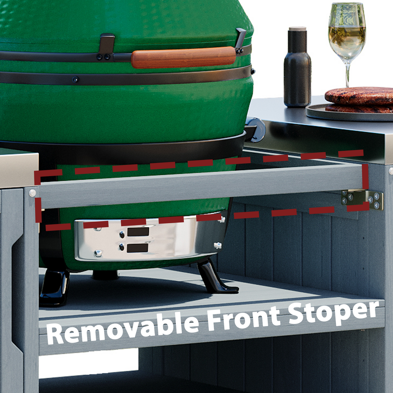 K&K 66.5' Outdoor Kitchen Island for Big Green Egg Grills, Solid Wood Outdoor Grill Cart for Tabletop Grill with Stainless Steel Top, Drawer, Compatible with Large Big Green Egg, Kamado Joe- Grey Blue