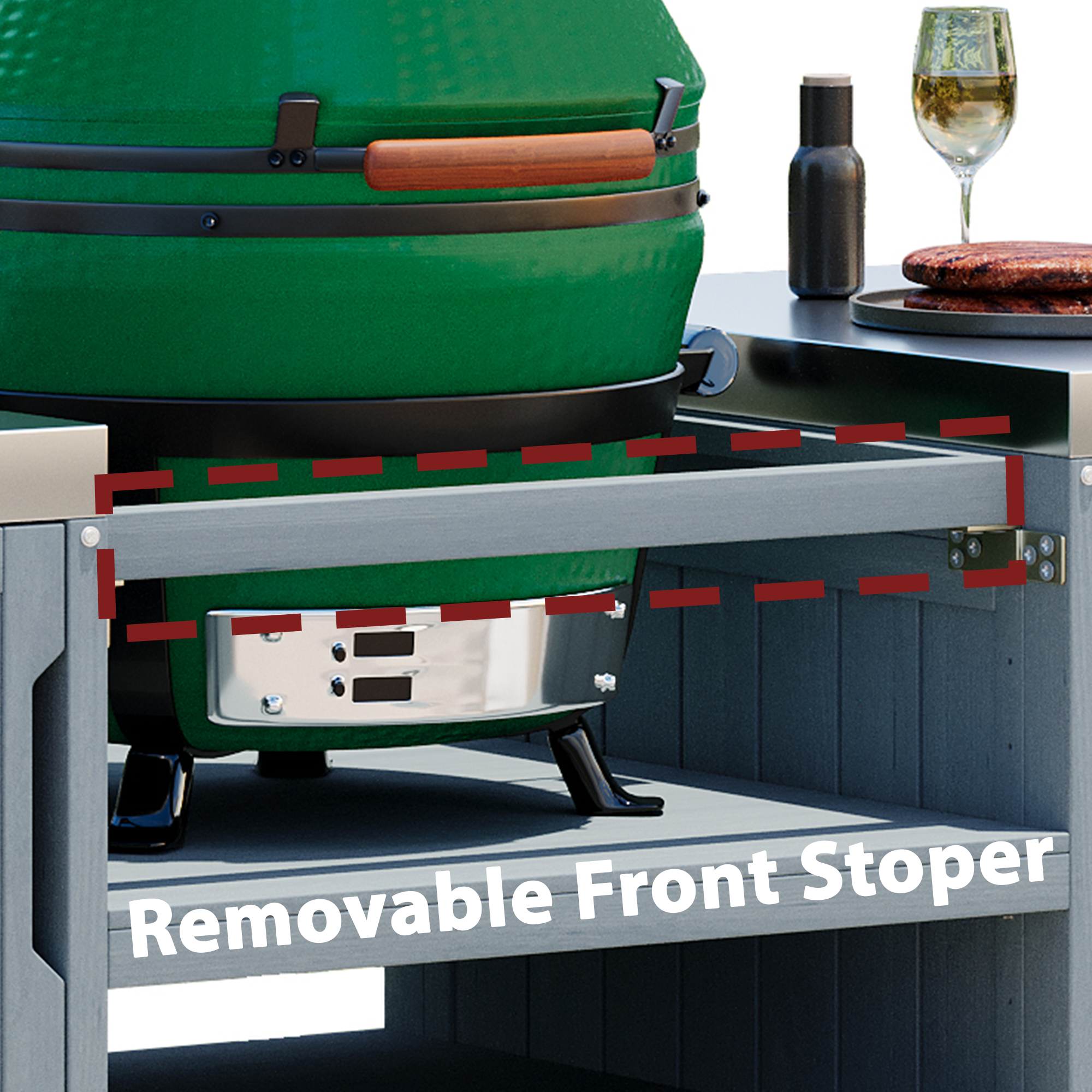 K&K 66.5' Outdoor Kitchen Island for Big Green Egg Grills, Solid Wood Outdoor Grill Cart for Tabletop Grill with Stainless Steel Top, Drawer, Compatible with Large Big Green Egg, Kamado Joe- Grey Blue