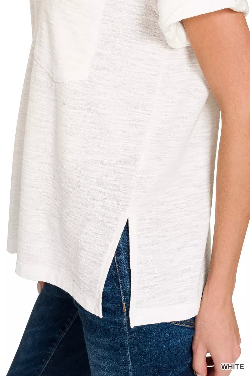 Zenana Slub Rolled Short Sleeve V-Neck Tee