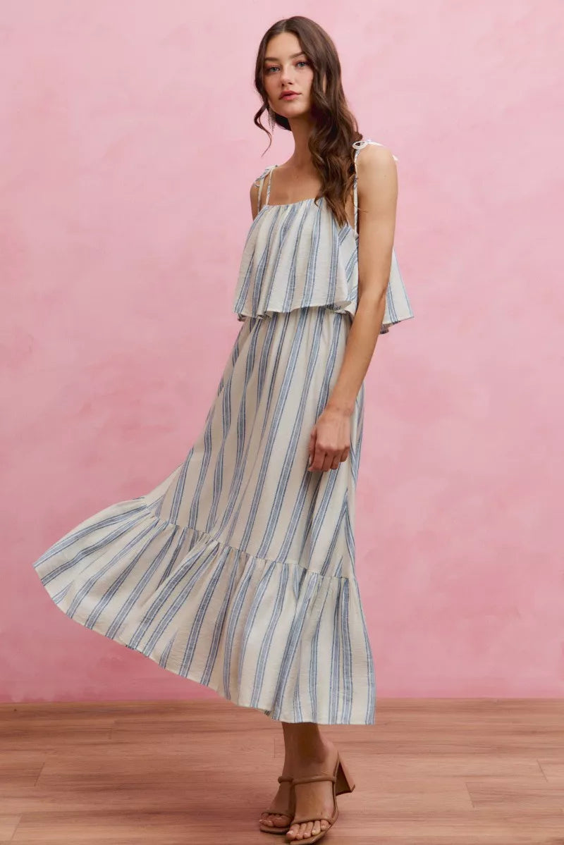 SO ME Stripe Tiered Shoulder Tie Midi Lined Dress