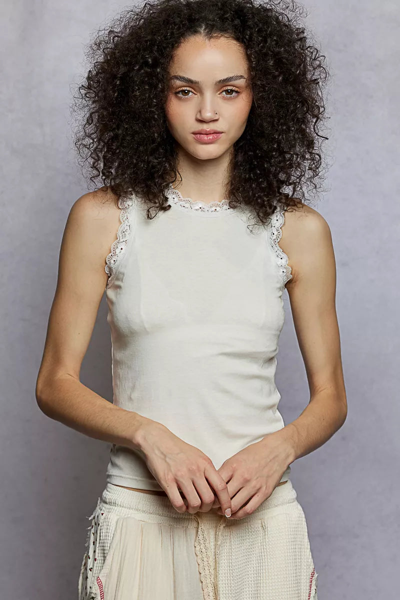 POL Round Neck Cropped Tank with Lace Trim