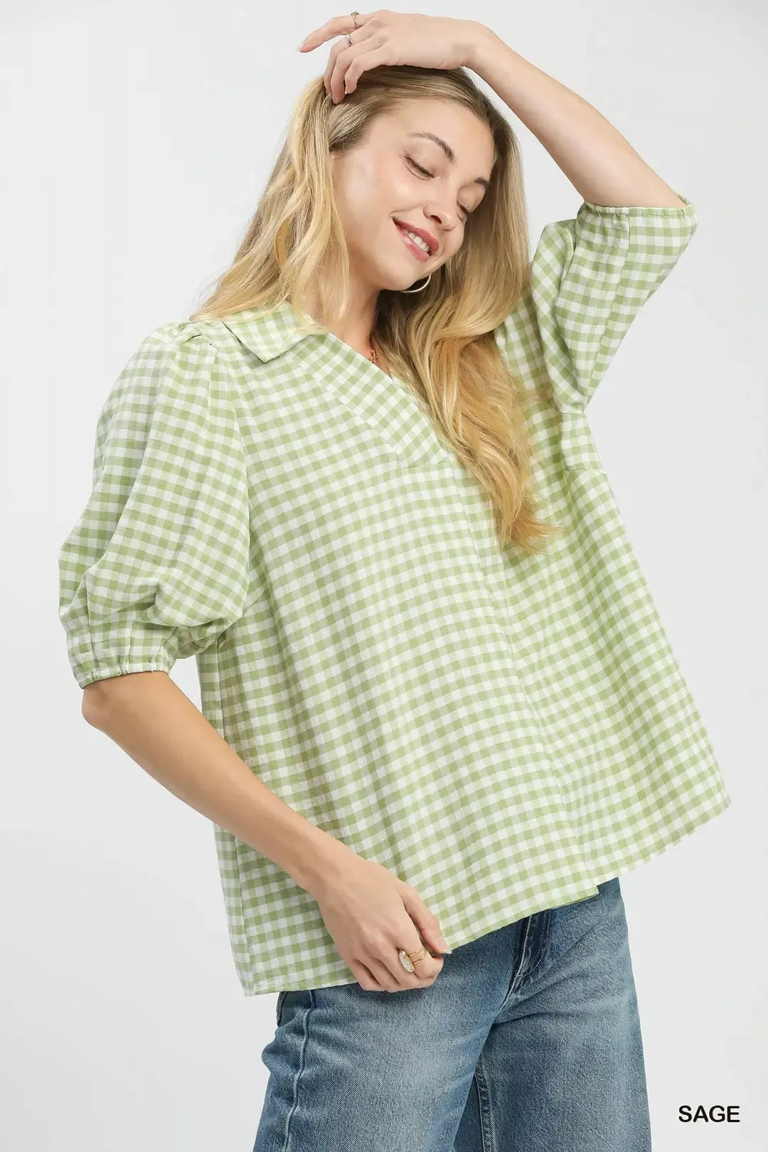 Umgee Gingham Puff Sleeve Collared Blouse