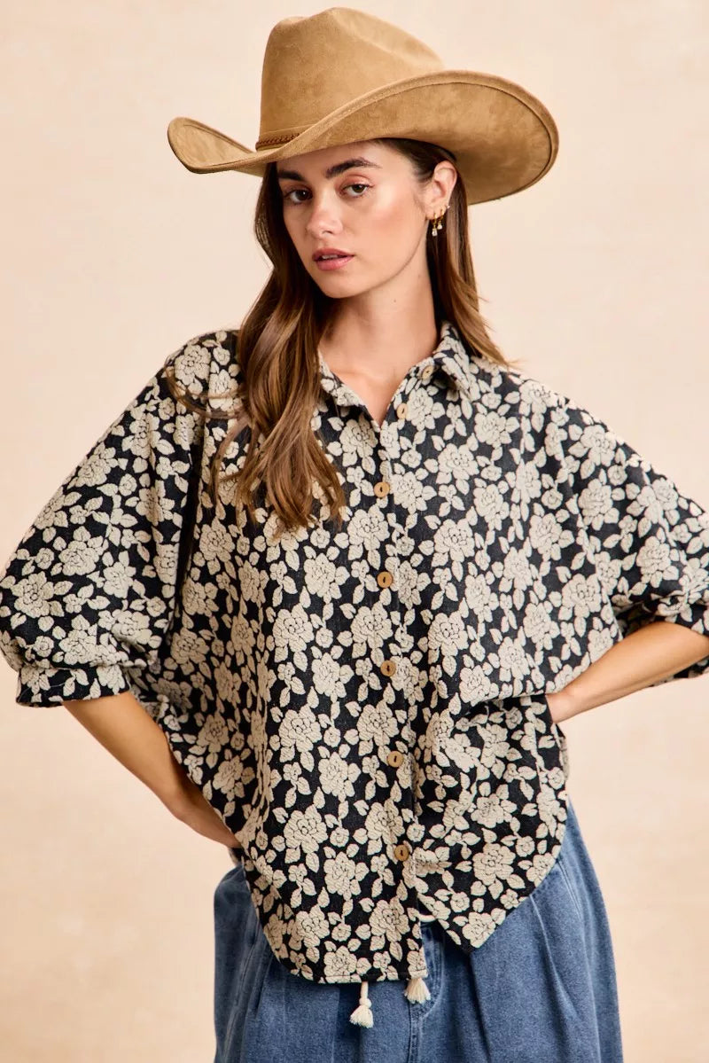 BiBi Floral Jacquard Short Dolman Sleeves Shirt