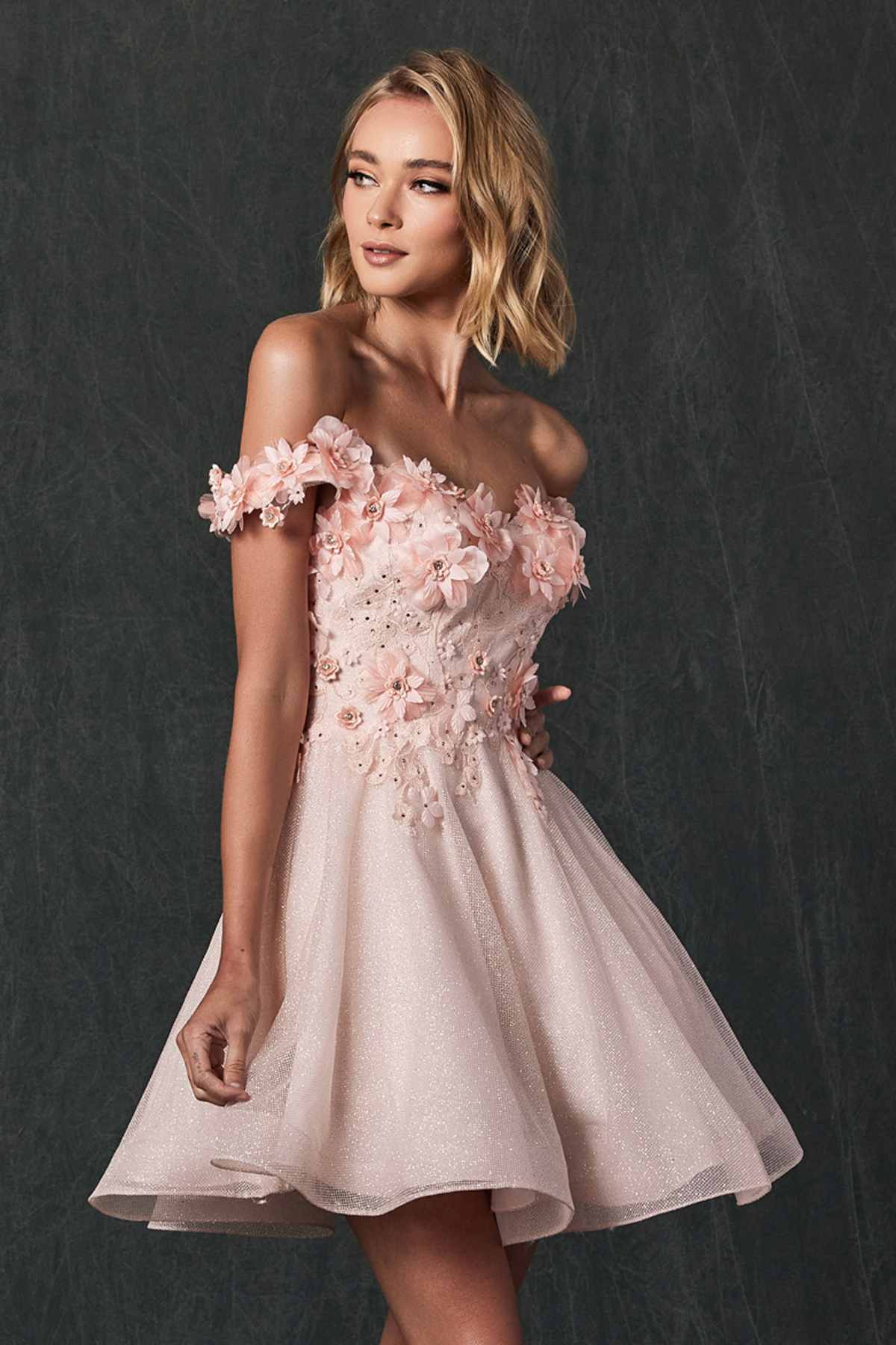 Juliet 861 Floral Embroidered Glitter Mesh Short A-Line Dress