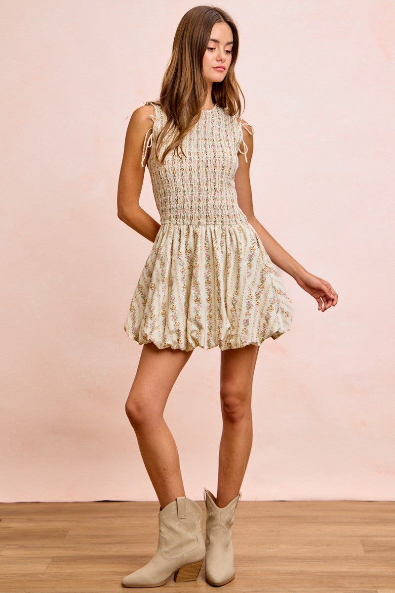 BiBi Floral Bow Tie Attachable Puff Sleeves Dress