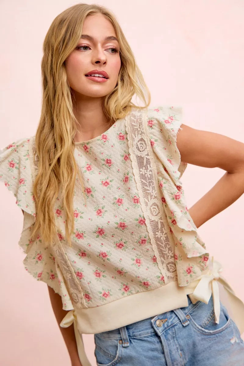 BiBi Flower Printed Ruffle Sleeve Trim Detail Top