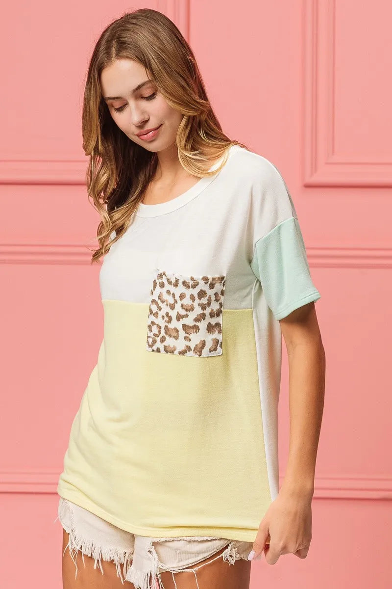 BiBi Leopard Front Pocket Ft Color Block Crew Neck Top
