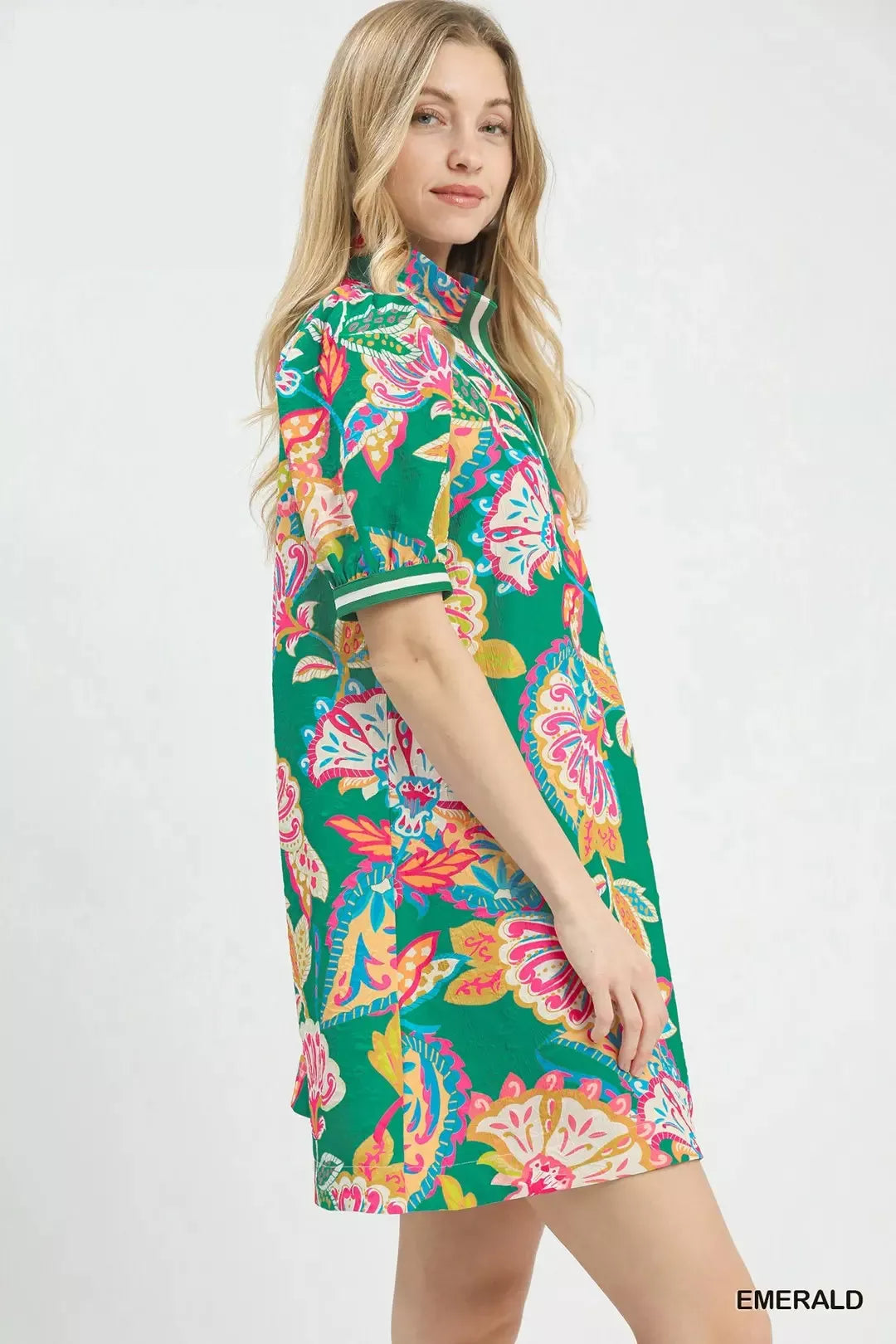 Umgee Jacquard Paisley Print Puff Sleeve Tunic Dress