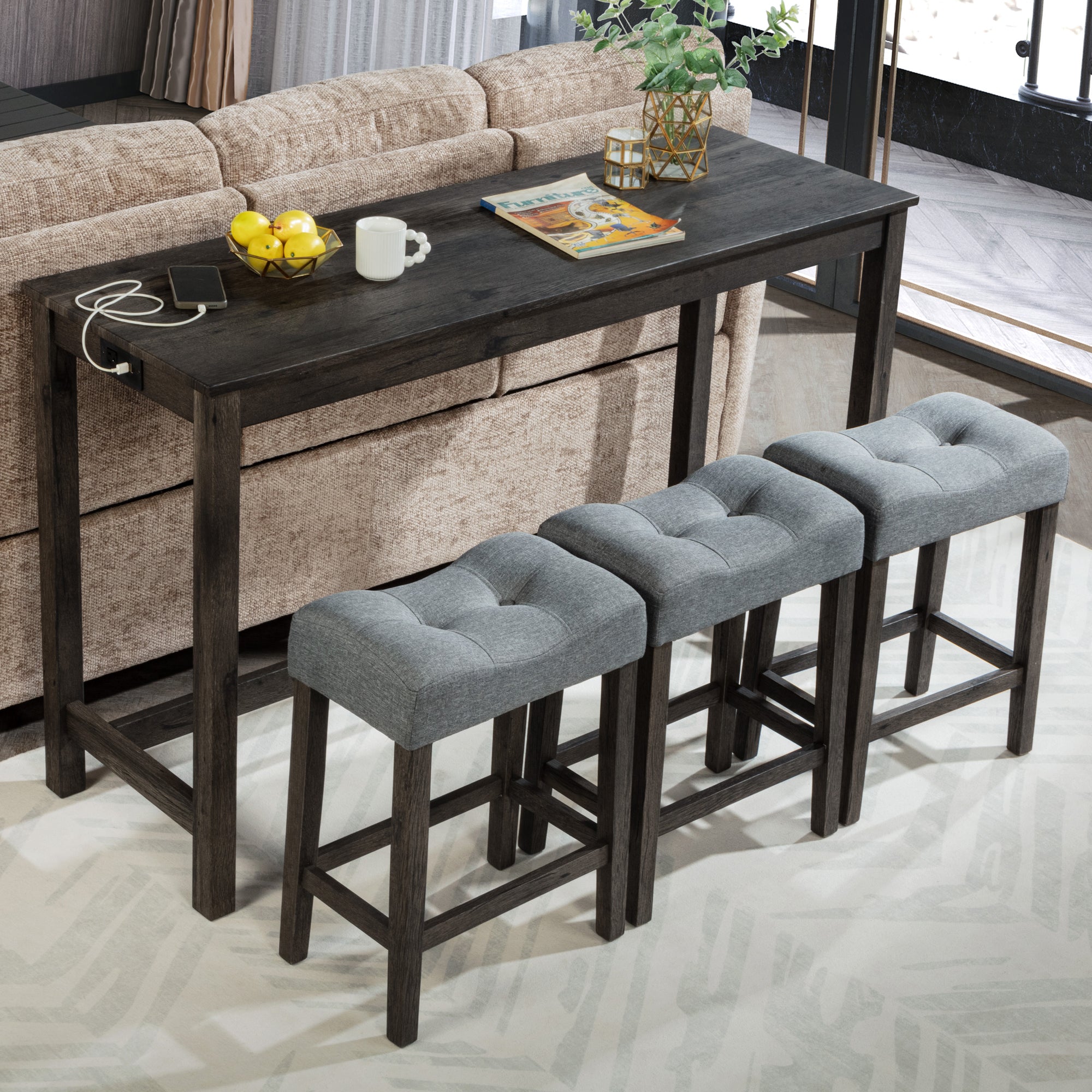 4 Piece Bar Table Set with Power Outlet, Bar Table Set with Chairs, Sofa Bar Table with Stools, Behind Couch Table with 3 Padded Stools, for Living Room, Dining room, Dark Gray