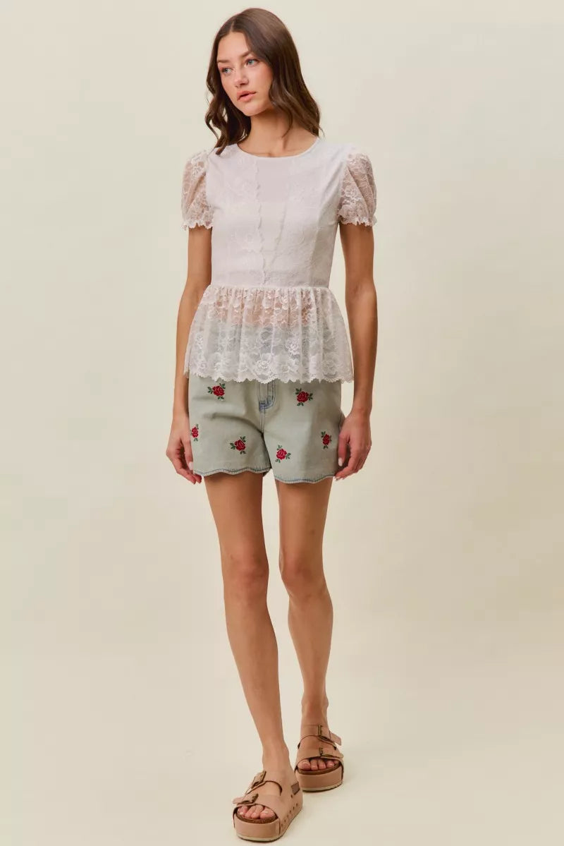 SO ME Rose Embroidery High Rise Scallop Hem Denim Shorts