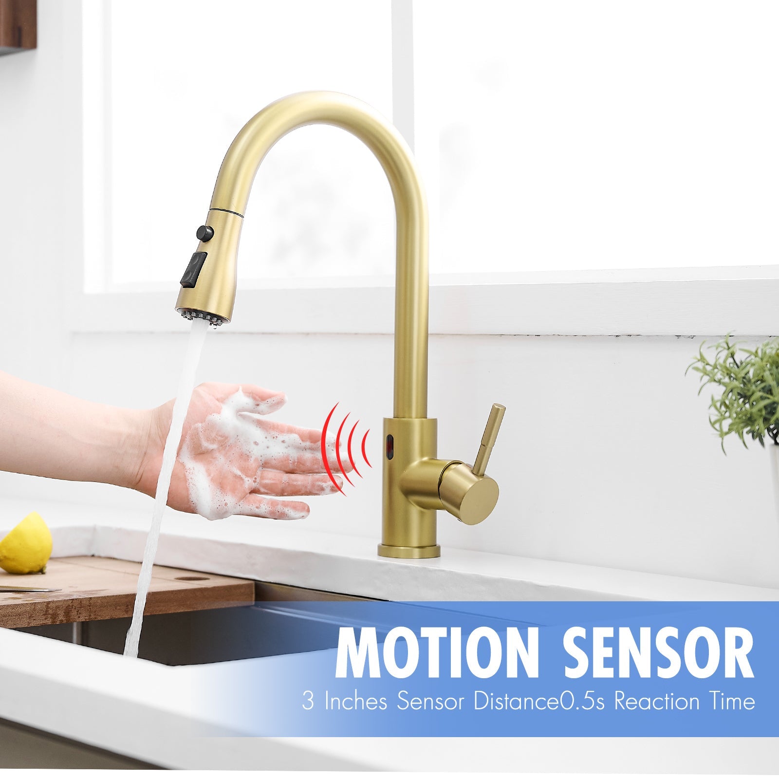 Touchless Kitchen Faucet, Hands Free Automatic Smart Kitchen Faucet, Stainless Steel Touchless Kitchen Faucet Brushed Gold