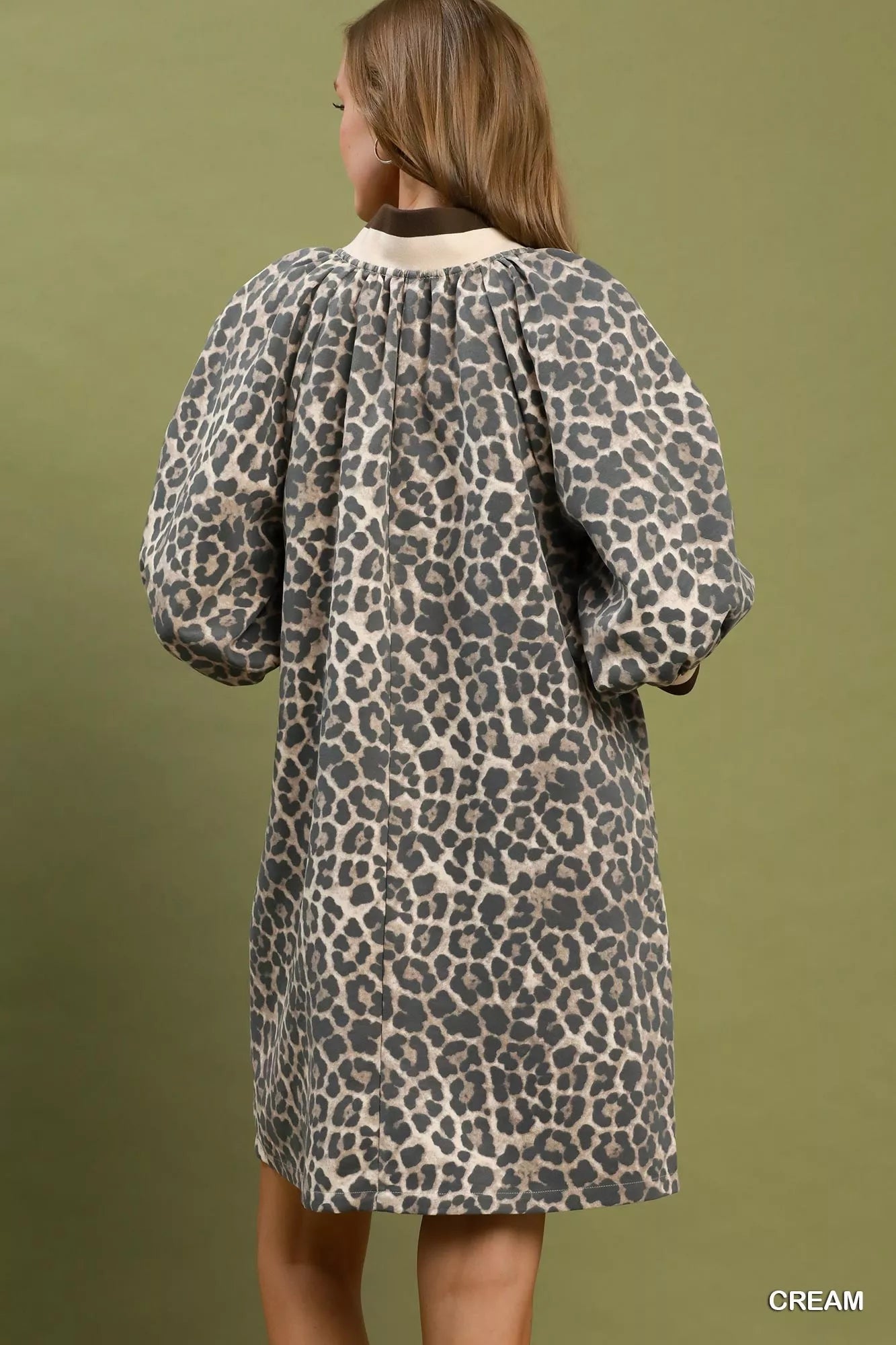 Umgee Leopard Print Quarter Zip Puff Sleeve Mini Dress