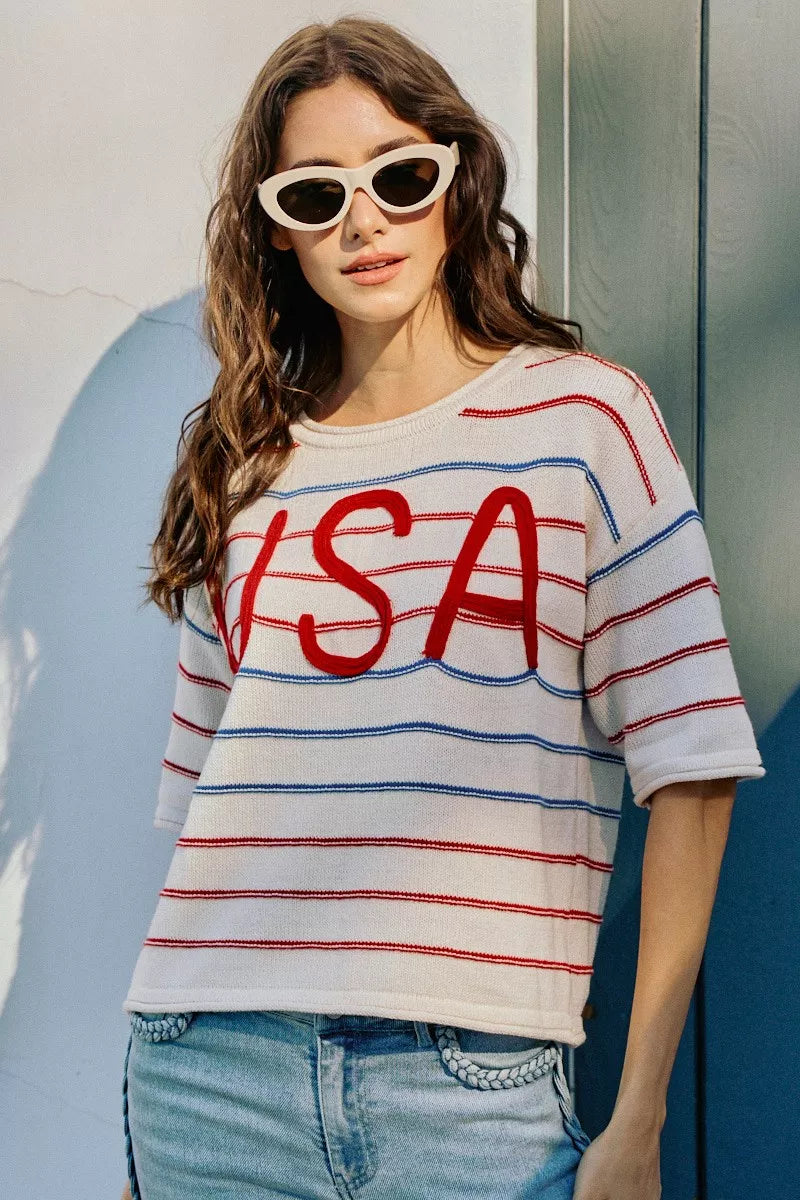 SO ME Usa Stripe Knit Short Sleeves Sweater Top