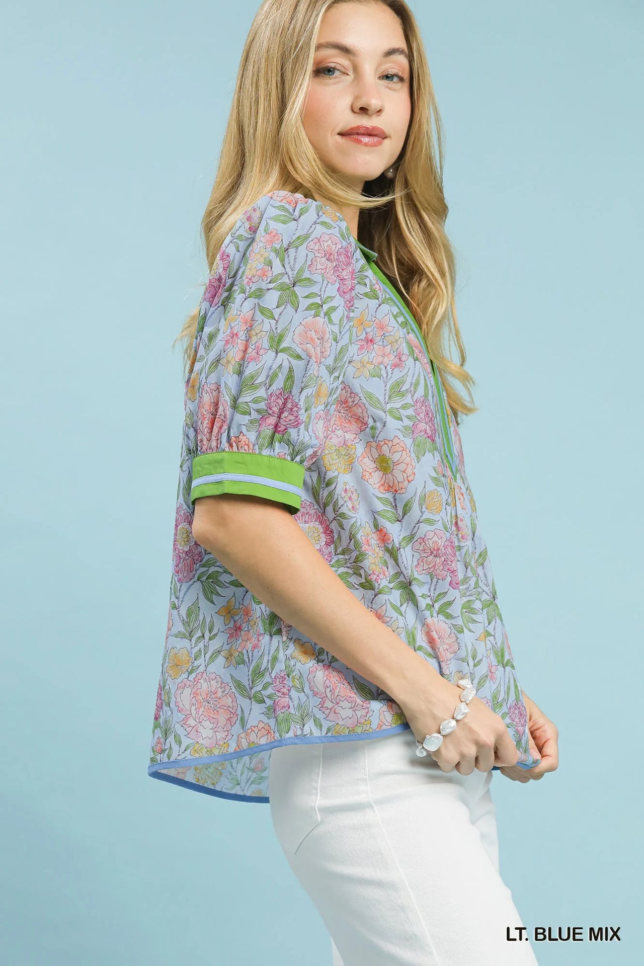 Umgee Mix Floral Puff Sleeve Blouse with Contrast Trim