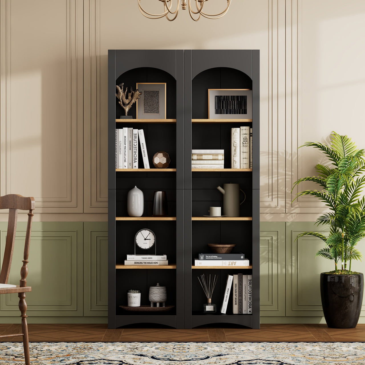 ON-TREND Free Standing 5 Tier Bookshelves, Bookcases Set of 2, Farmhouse Two-Tone Storage Cabinet with Adjustable Shelves, Modern 72'H Kitchen Pantry Cabinet for Living Room, Home Office, Black