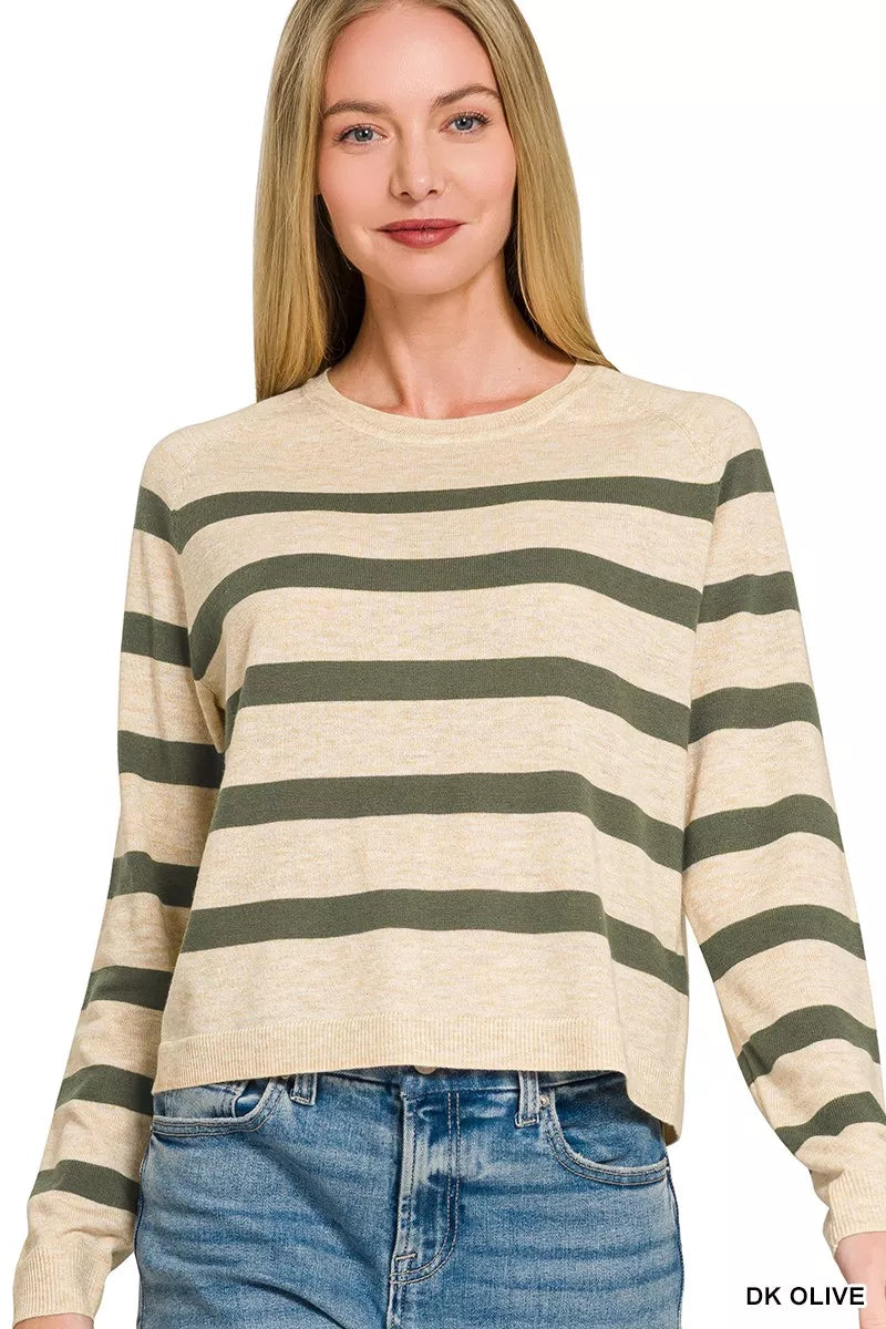 Zenana Lightweight Wool Blend Striped Round Neck Sweater