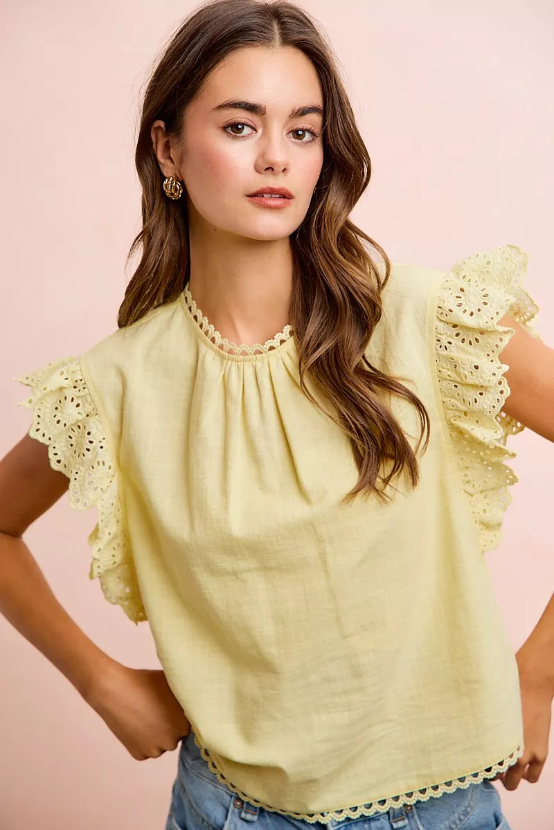BiBi Cotton Solid Ruffle Sleeve Lace Detail Blouse Top