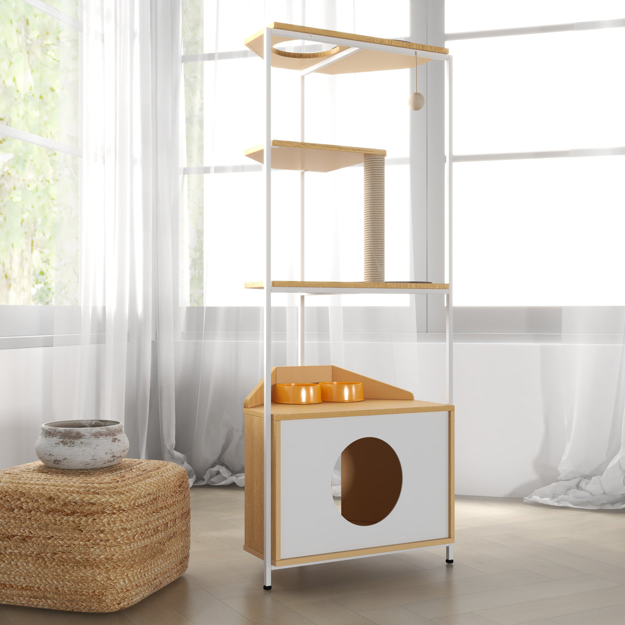 Modern Corner Cat Tower with Scratching Post, Cat Condo and Feeding Station, White and Light Oak Particle Board, 58.27-inch Height