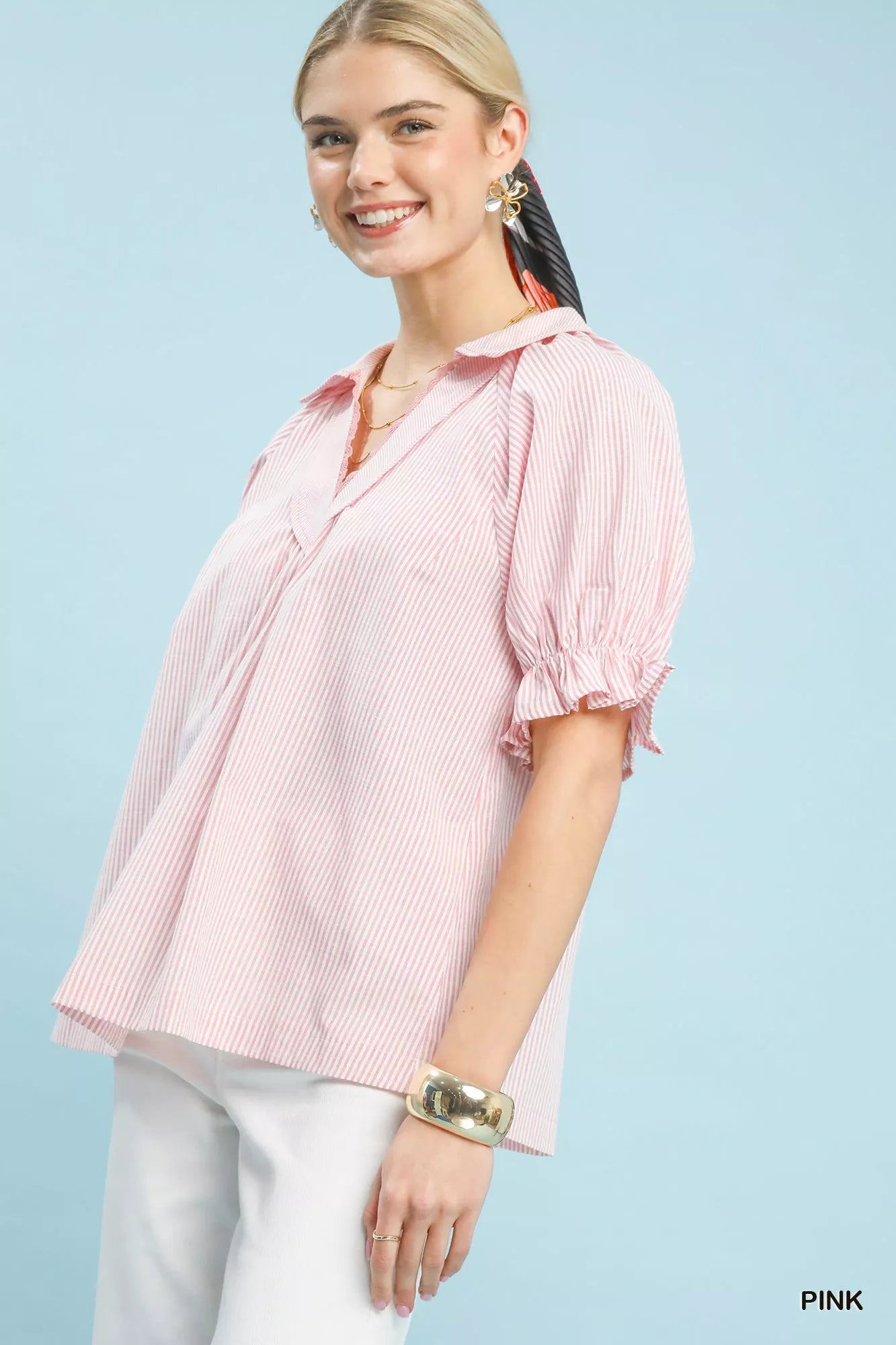 Umgee Pinstripe V-Neck Ruffle Sleeve Blouse