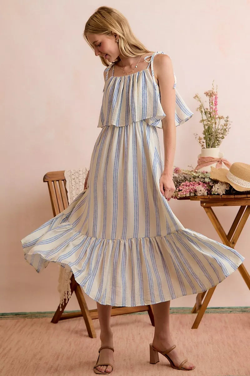 SO ME Stripe Tiered Shoulder Tie Midi Lined Dress
