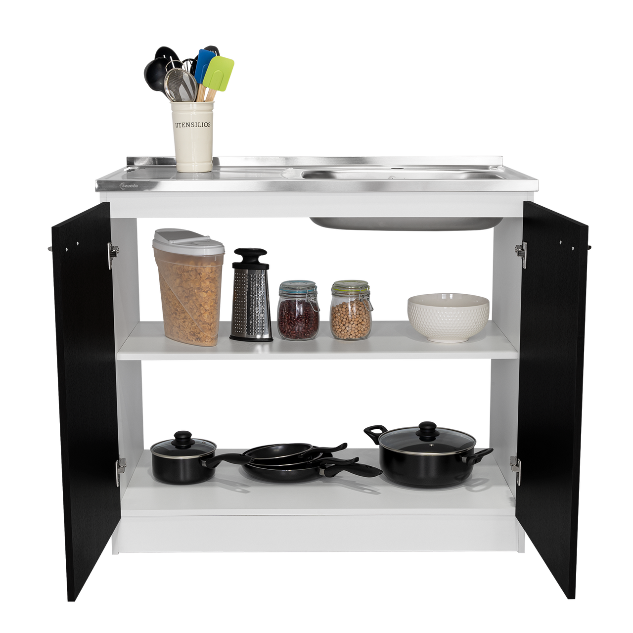 Napoles Utility Sink With Cabinet, Double Door, One Shelf -White / Black
