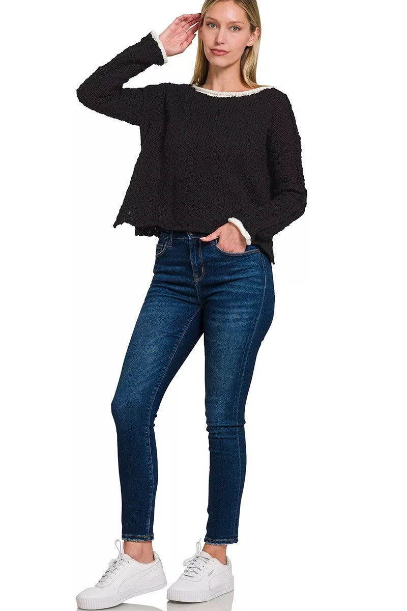 Zenana Contrast Trim Cropped Sweater